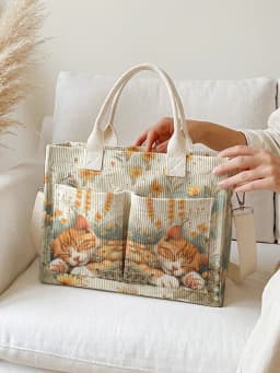 Sleeping Orange Cat Floral Print Corduroy Tote Bag Large Capacity Multi Pocket Commuter Shoulder Bag