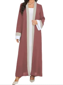 2026 Women's Casual Ramadan Open Front Long Sleeve Dress, Elegant Color Contrasting Slim Fit Extra Long Dress, Women's Wear 1