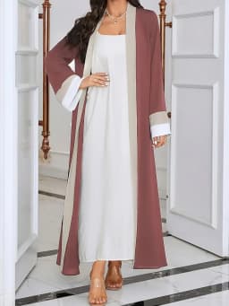 2026 Women's Casual Ramadan Open Front Long Sleeve Dress, Elegant Color Contrasting Slim Fit Extra Long Dress, Women's Wear 1