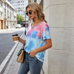 Pink Blue Tie Dye V-Neck Tee - Aesthetic Pastel Pocket Short Sleeve Shirt for Women