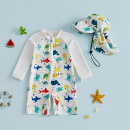 Toddler Baby Boys Rash Guard Swimsuits Fashionable Marine Life Printed Long Sleeve Jumpsuit with Hat 2Pcs Swimwear