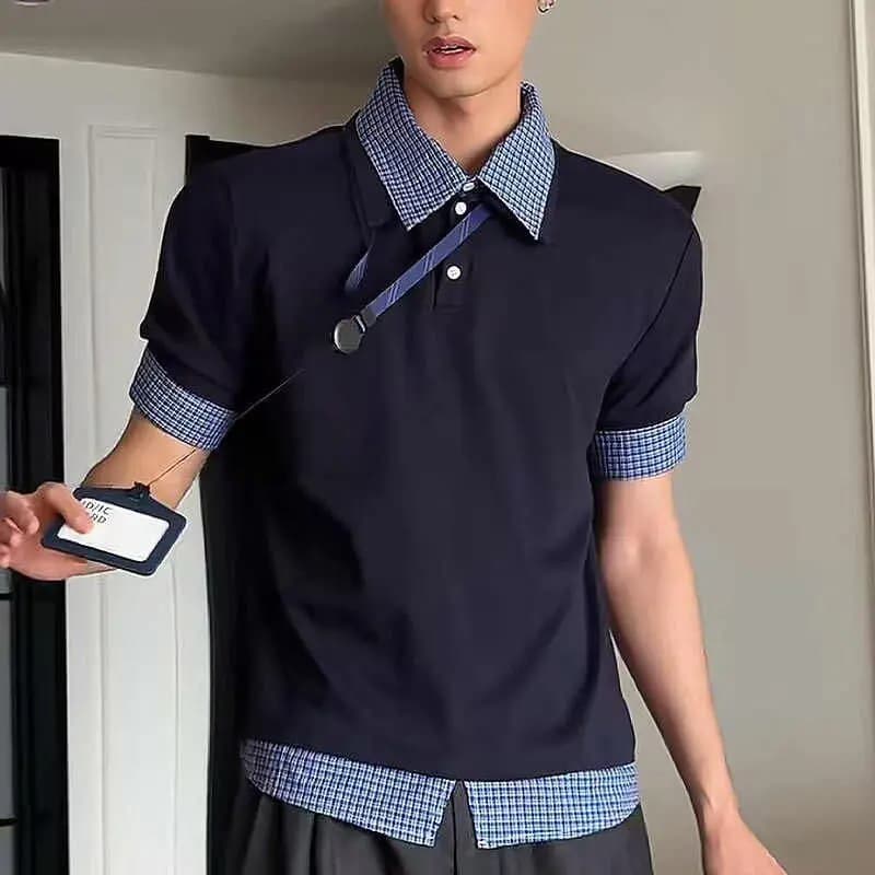 Fake Two-piece Plaid Polo-collar Shirt Short-sleeved Splice Design American Preppy Style Tshirts Casual Unisex Pullovers T-shirt