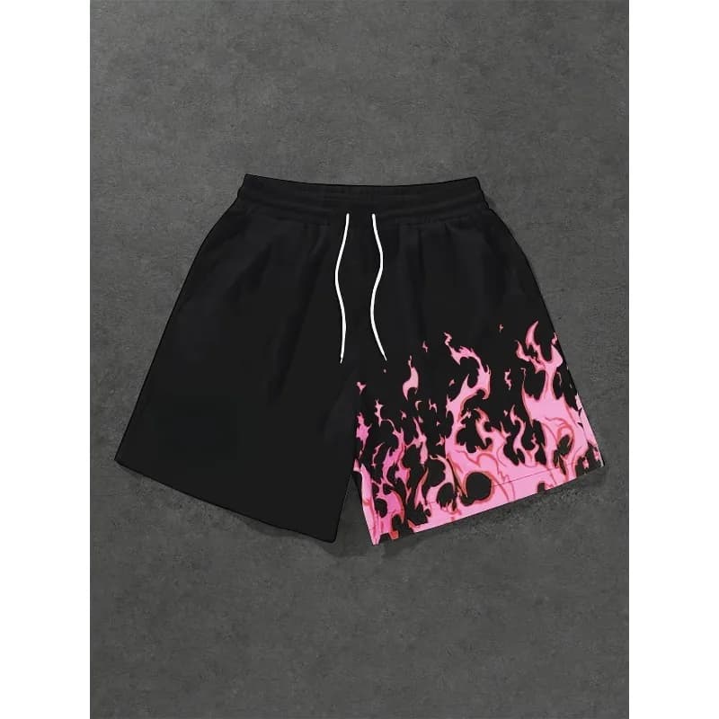 Flame Pattern Pink Shorts Black Flame Skull