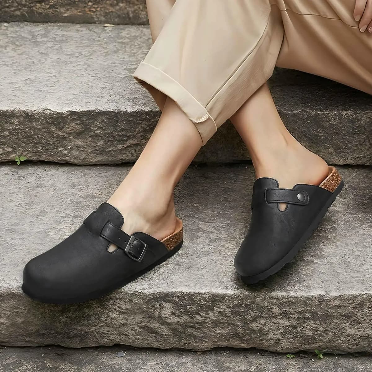 Litfun Cork Footbed Clogs Vegan Leather Mules Comfortable Anti-slip Cork Sole Slippers with Arch Support Potato Shoes Outdoor