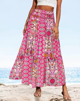 Womens Boho Floral Print Tiered Maxi Skirt High Waist Smocked Beach Long Skirt for Summer