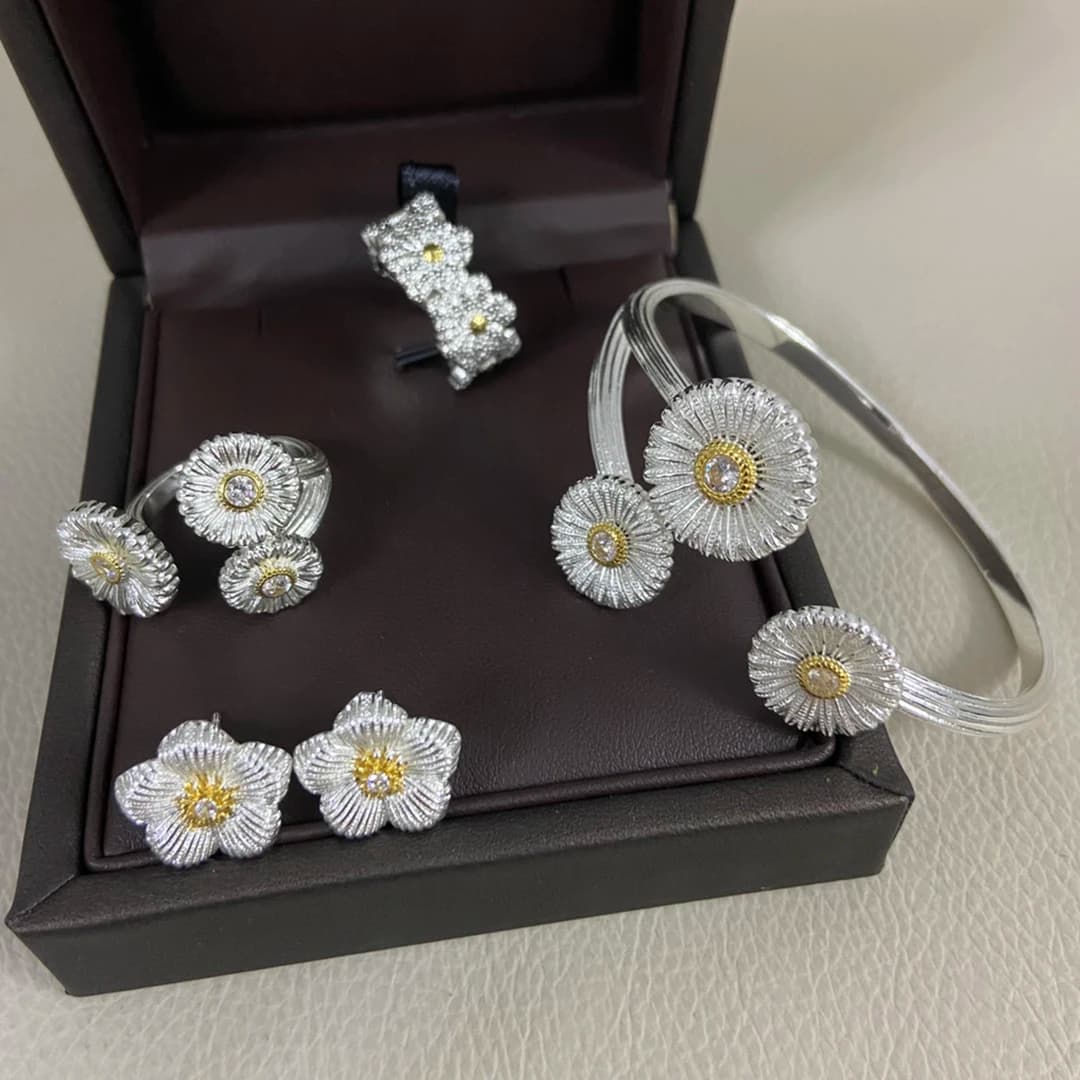 Sterling Silver Daisy Earrings, Rings, Bracelets, Italian Heavy Craftsmanship, Brushed Vintage Texture