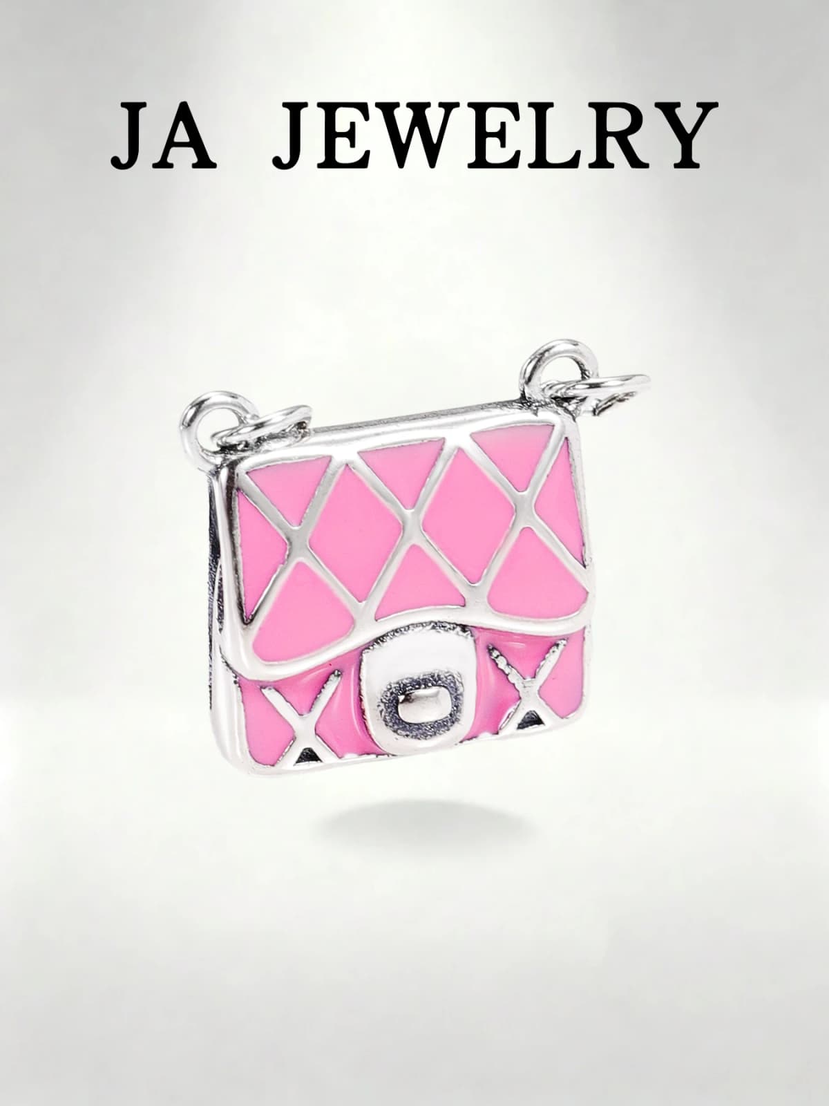 S925 Sterling Silver Pink Enamel Handbag Charm - Rhombus Pattern Purse Bead for Bracelet