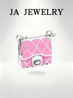 S925 Sterling Silver Pink Enamel Handbag Charm - Rhombus Pattern Purse Bead for Bracelet