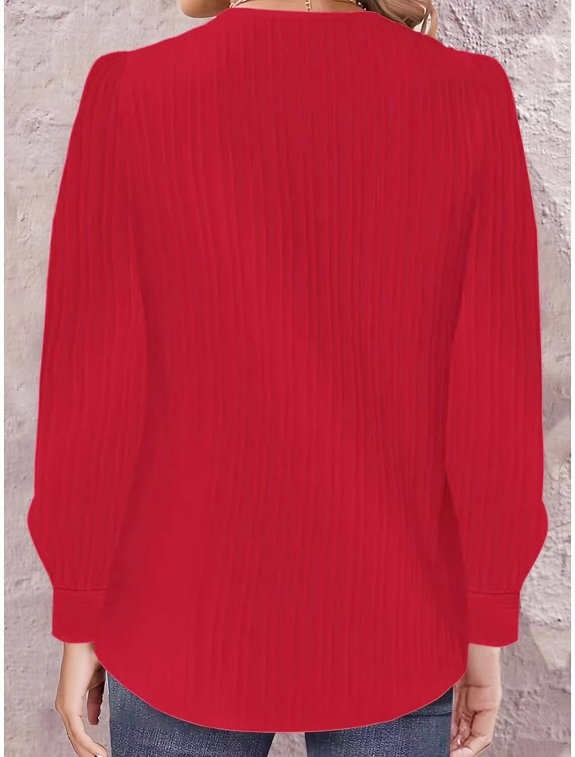 Elegant Asymmetrical V Neck Ribbed Textured Blouse With Decorative Buttons Puff Long Sleeves And Curved Hem For Casual Daily Wea