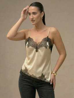 HH Womens Vintage Satin Lace Trim Cami Top Asymmetric Hem V Neck Spaghetti Strap Camisole for Street Style Casual Wear