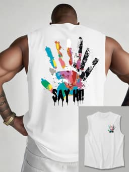 100% Pure Cotton Men's Summer Fashion Casual Sports Loose Color Handprint Breathable Round Neck Sleeveless Vest