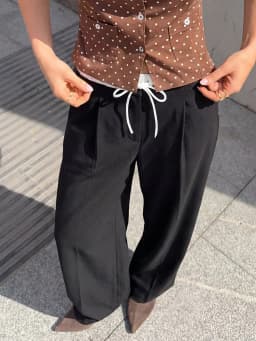 HH Womens Versatile Soft Black Wide Leg Pants Contrast Waistband Drawstring Pleated for Daily Casual Date Outings
