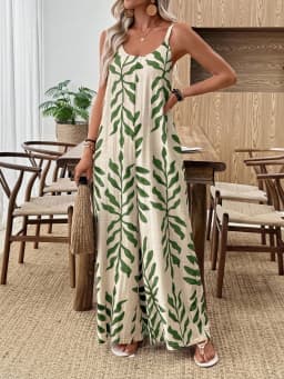 Summer fashion new women's elegant V-neck tropical leaf print wide leg suspender jumpsuit pants