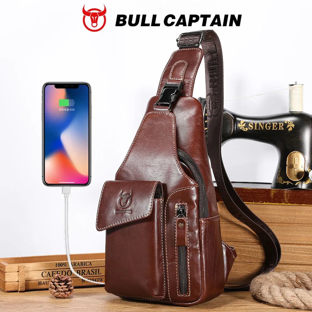 BULLCAPTAIN Genuine Leather Sling Backpack for Men USB Charging Chest Bag Crossbody Shoulder Bag Casual Daypack for Work Travel