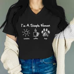 Woman T-shirts I Am A Simple Woman with Letters Sunshine Coffee Dog Pattern T-shirt Fun Cute Retro Design V-neck T-shirts