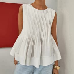 Casual Versatile Fashion Elegant Slim-Fit Short-Sleeve Heavy-Duty Pleated Design Round Neck Sleeveless Shirt Vest Top for Women