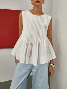 Casual Versatile Fashion Elegant Slim-Fit Short-Sleeve Heavy-Duty Pleated Design Round Neck Sleeveless Shirt Vest Top for Women