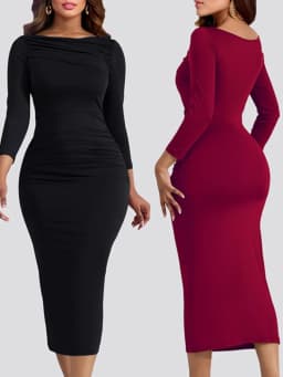 Sexy Solid Color Pleated Slim Bodycon Long Dress Women Long Sleeved Skinny Evening Midi Dress Club Party
