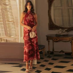 Vintage Printed Halter Women's Dress Sleeveless Slim Backless Ruffle Hollowed Out Long Dresses 2026 Summer Lady Street Robes