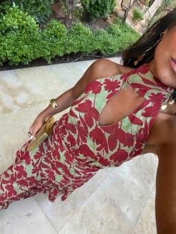 Vintage Printed Halter Women's Dress Sleeveless Slim Backless Ruffle Hollowed Out Long Dresses 2026 Summer Lady Street Robes