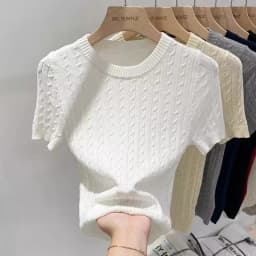 Zjaiss 2026 Summer Apricot O-Neck Women's Short Sleeve Knit Top Twist Slim Fit Short T-Shirt Trendy Solid Color Versatile Tee