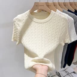 Zjaiss 2026 Summer Apricot O-Neck Women's Short Sleeve Knit Top Twist Slim Fit Short T-Shirt Trendy Solid Color Versatile Tee