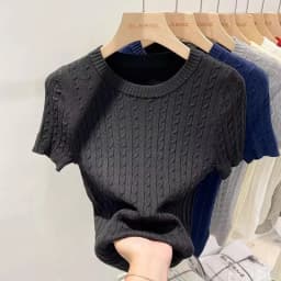 Zjaiss 2026 Summer Apricot O-Neck Women's Short Sleeve Knit Top Twist Slim Fit Short T-Shirt Trendy Solid Color Versatile Tee