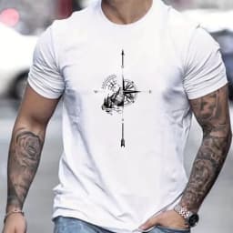 Men's 100% Cotton Compass Printed T-Shirt with Compass Rose and Nautical Design, Summer and Spring Streetwear