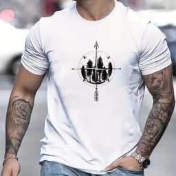 Men's 100% Cotton Compass Printed T-Shirt with Compass Rose and Nautical Design, Summer and Spring Streetwear