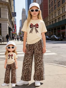 Girls 2 Piece Leopard Print Pants & Bow Graphic Tee Set Kids Y2K Streetwear Outfit