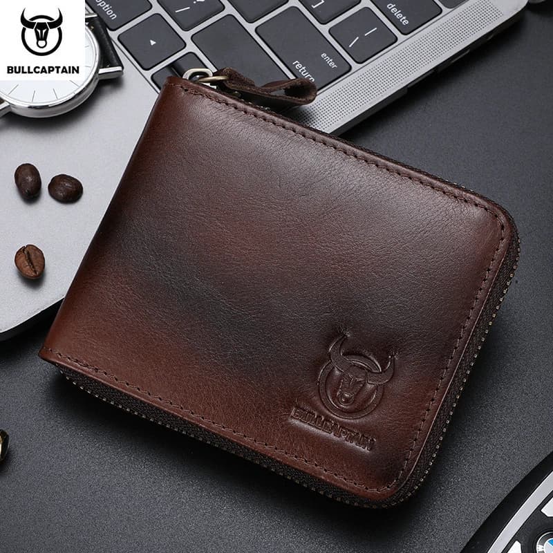 BULLCAPTAIN Mens Genuine Leather Zipper Wallet RFID Blocking Bifold Secure Zip Around Wallets Multi Credit Card Holder Purse
