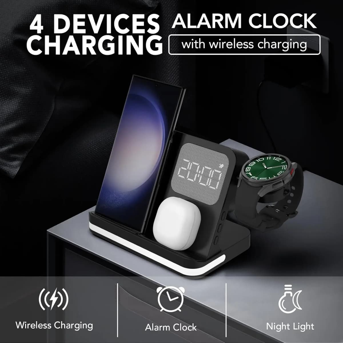 4 in 1 Wireless Charger Alarm Clock Stand For Samsung S26 Fold 7 Galaxy Watch 8 7 6 5 Active 1 2 Buds Pro Fast Charging Station