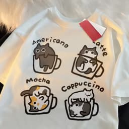 Cat Coffee Pure Trendy Summer Loose Short Sleeved T-shirt Men Women Original Mocha Latte Cat Three Flowers Fun Cat Tees