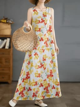 2026 New Women's Dress Fashion Floral Print New Sleeveless Design Dresses Summer Outdoor Beach Vacation Ankle Long Women's Dress
