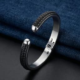 KELEN 10mm Black Genuine Leather Bangle For Men Stainless Steel 316L Business Jewelry - KB97554-BD