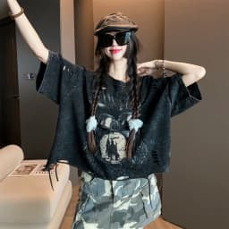 Vintage Ripped Short Sleeve T-shirts Women Casual Summer Graphic Tee Oversized T-shirt Streetwear Fashion Baggy Crop Top