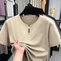 Men's Soft Fabric Henley Neck T Shirt With Three Button Detail Short Sleeve Casual And Comfortable Top