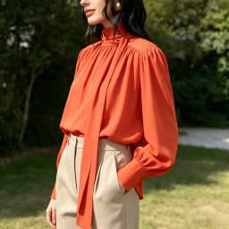 Women‘s Bow Tie High Neck Satin Blouse Orange Long Sleeve Pleated Loose Fit Elegant 2026 Office Workwear Top