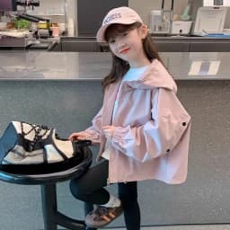 2026 Spring Autumn Kids Girls Hooded Jacket Solid Color Splicing Zipper Loose Casual Windbreaker Outerwear Kids Waterproof Coat