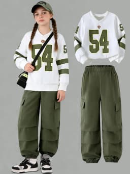 Comfy Kids Girls 2-Piece V-Neck Sweatshirt & Elastic Waist Cargo Jogger Pants Set Soft Breathable Daily School & Play Wear