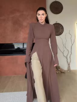 Women's Elegant High Neck Long Sleeve Maxi Dress With Side Slit Shoulder Pad Slim Fit Floor Length Tunic Top Versatile Clothing