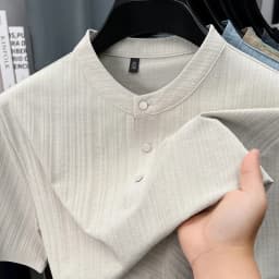 Mens Casual Mandarin Collar Tops Short Sleeve Henley Shirt With Three Buttons Textured Soft Breathable Tees For Men Daily Style