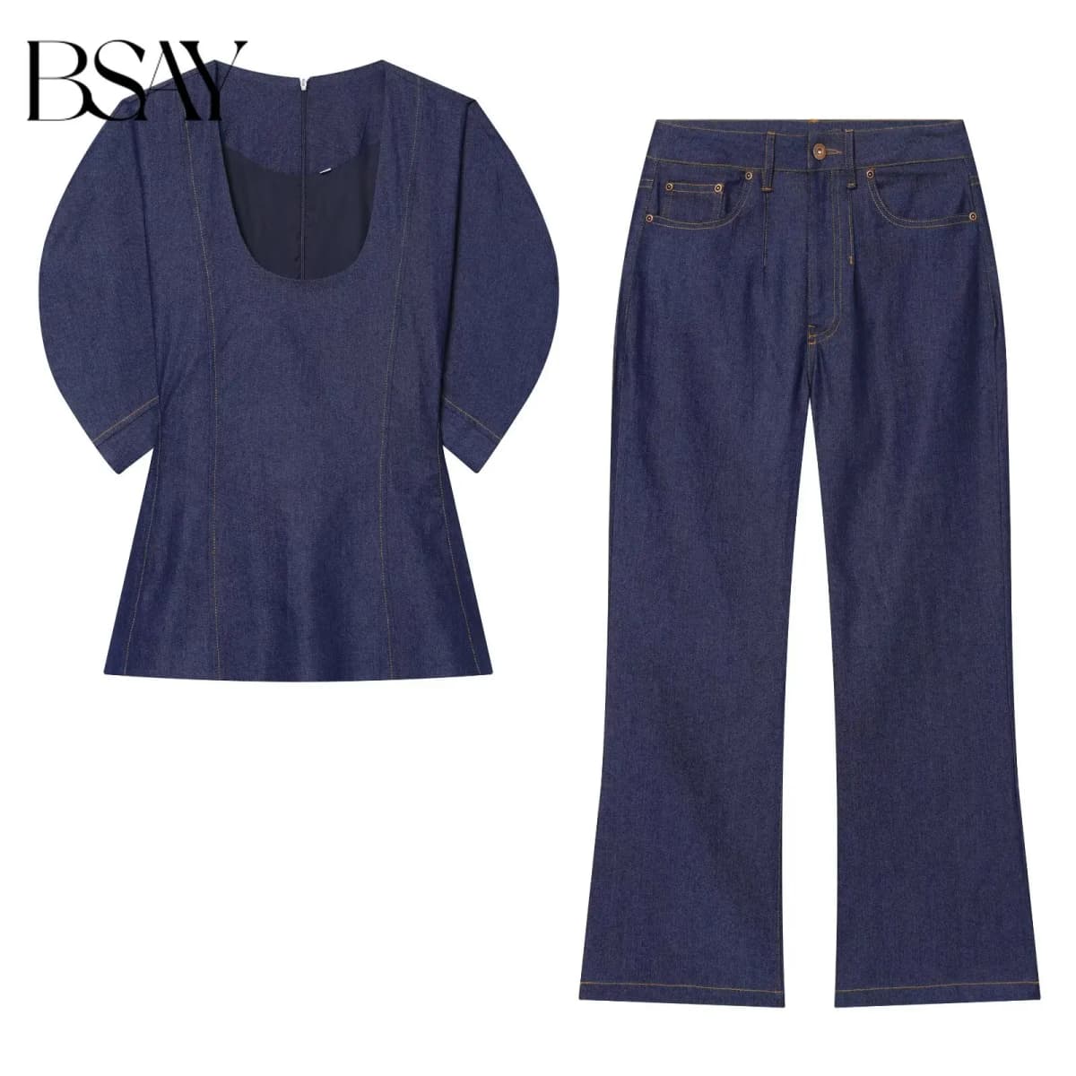 BSAY 2026 New Women's Denim Two Piece Set Puff Sleeve U-neck Blouse High Waist Wide Leg Jeans Casual Daily Wear Suit