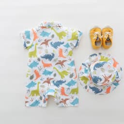 Summer Cartoon Dinosaur Full-Print Turtleneck Romper for Male Infants with Hat - Soft Cotton Unisex Baby Outfit