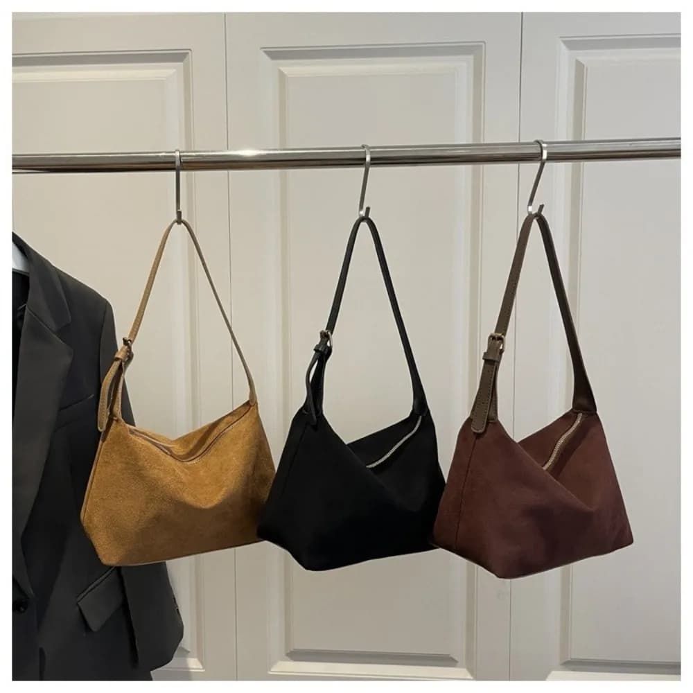 Boston Style Large Capacity Shoulder Bag Suede Adjustable Strap Tote Bag Zipper Crossbody Bag Commuting
