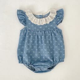 2026 Summer Newborn Baby Girl Clothing Baby Girl Denim Romper 0-24M Cotton Bow Print Baby Girl Flutter Sleeve Jumpsuit