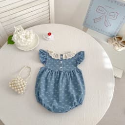 2026 Summer Newborn Baby Girl Clothing Baby Girl Denim Romper 0-24M Cotton Bow Print Baby Girl Flutter Sleeve Jumpsuit