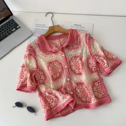 Short Sleeve Button Up Crochet Top Boho Chic Open Knitted Floral Lace Blouse Shirt for Women Summer Beach Cover-up Resort Wear