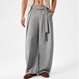 KIDWHXR Men Trousers Loose Mid Waist Breathable Male Suit Pant Vintage Pleated Straight Drawstring Business Casual Man Pant