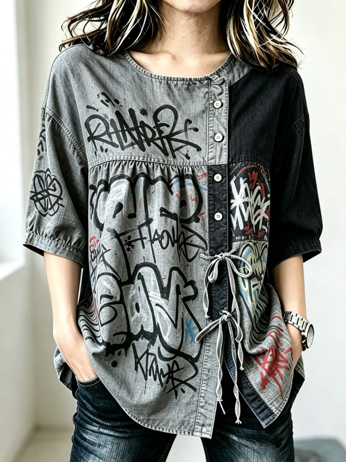 Women's Two-Tone Graffiti Print Drawstring Button Up Blouse, Casual Round Neck Tops for Spring Summer Daily Vacation Wear